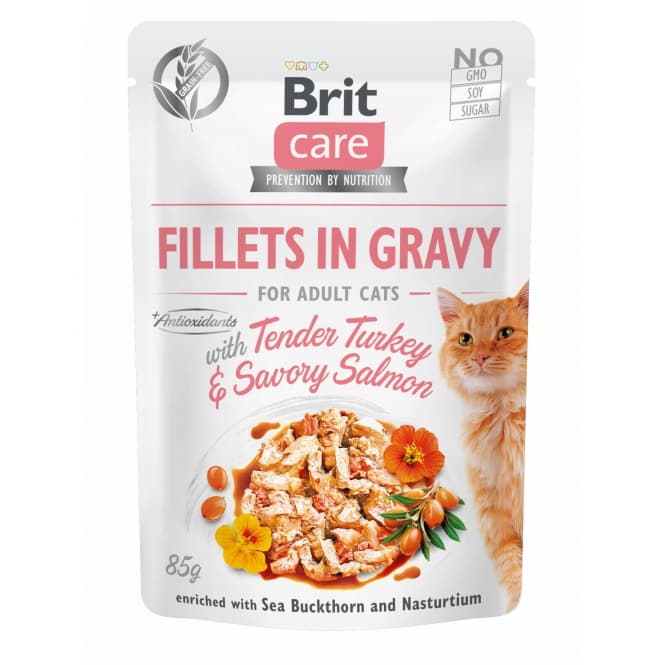 Brit Care Cat PB Fillets in Gravy - kalkon & lax 85g