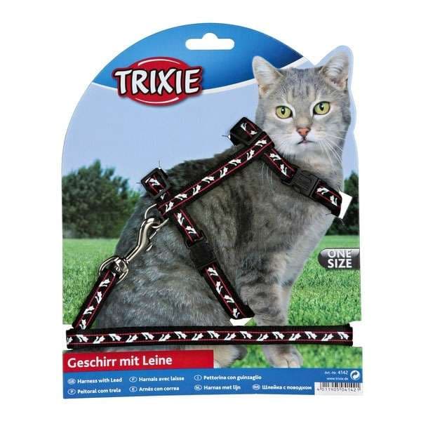 Trixie katter-Garnitur med Leine + Schnappverschlüssen - Katzenmotiv