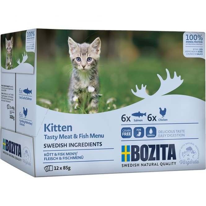 Bozita påse bitar in Soße lax & Fleisch kattunge MP 12x85g